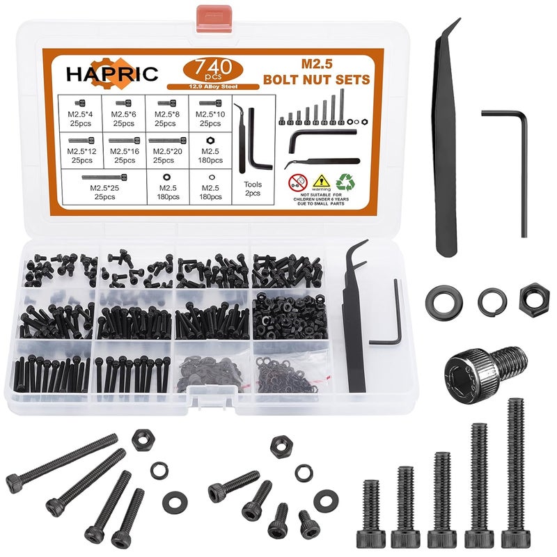 Hapric 740 Pcs M2.5 Screws Kit M2.5 Screw Assortment Nuts and Bolts Assortment Kit Metric Machine Screw Kit, 12.9 Alloy Steel Black Zinc Plated Hex Socket Head Screws Nuts Bolts and Washers Set - Image 1